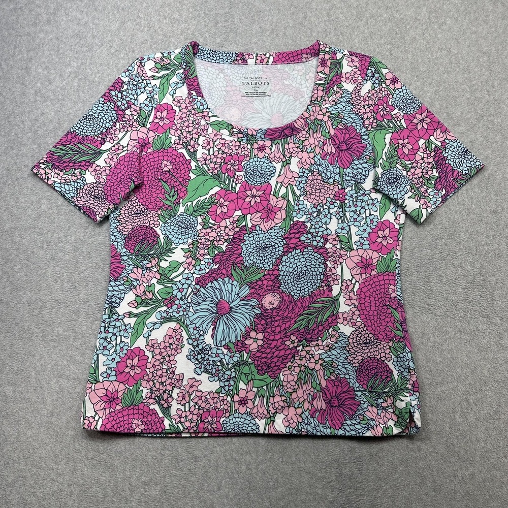Talbots Tee Shirt Womens Petite Medium Floral Short Sleeve Scoop Neck Stretch